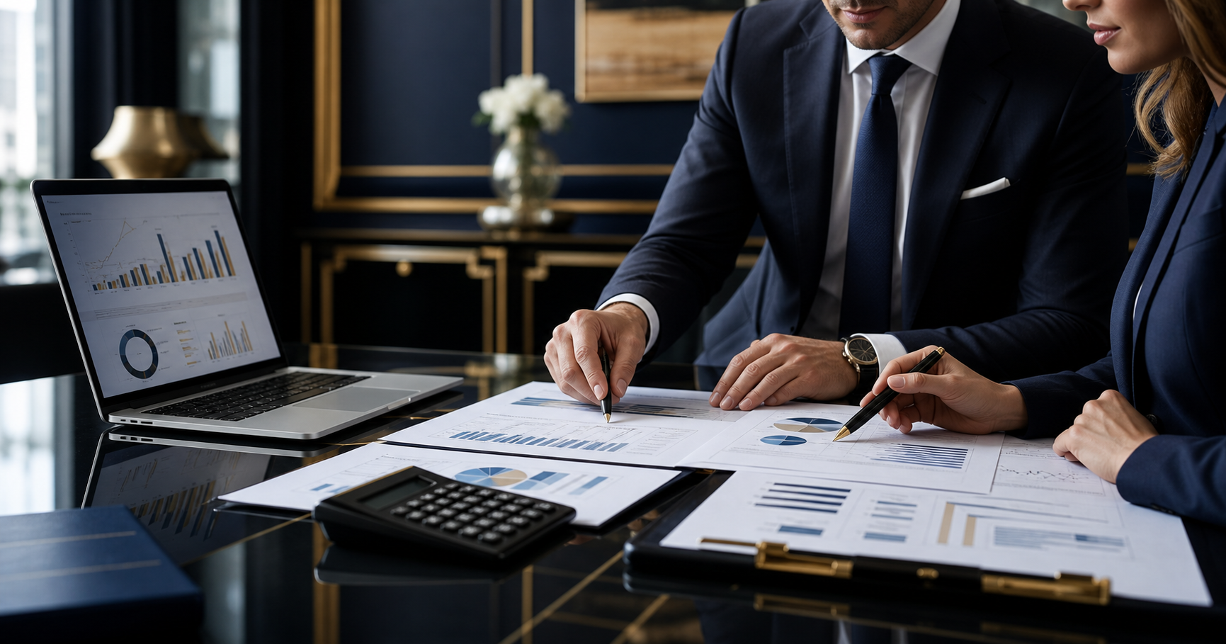 Analyse financière premium avec rapports, graphiques, ordinateur et conseillers