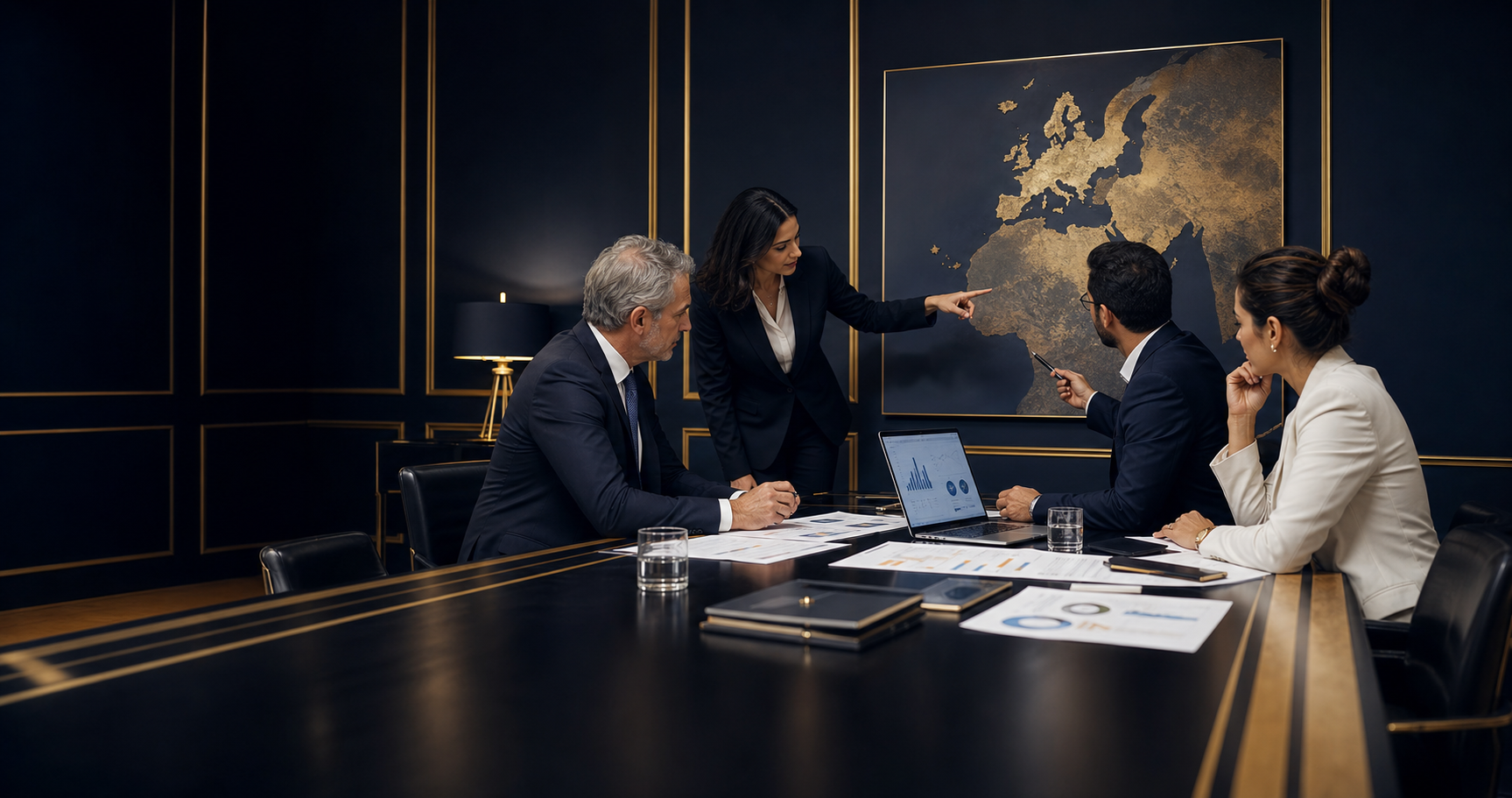 Équipe de conseil international discutant une stratégie Maroc Europe dans un bureau premium